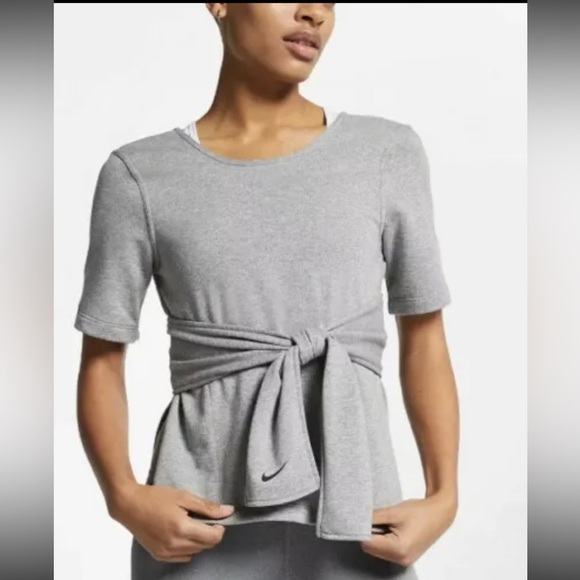 Nike Yoga Studio Grey‎ Wrap Dri-Fit Short Sleeve Workout Top - Picture 1 of 11